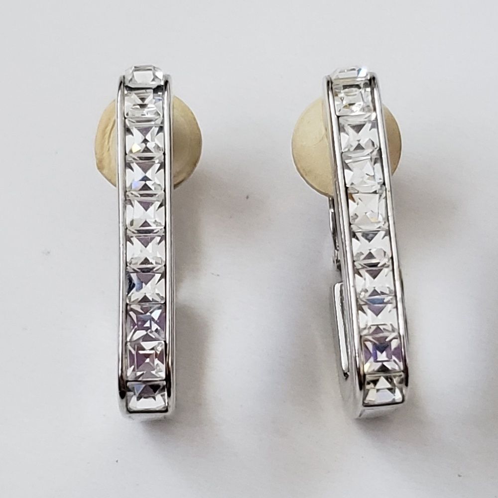 Swarovski Crystal White Square Cut Rhodium Plate Hoop Clip Earrings